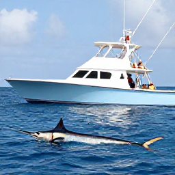 Caribbean Holidays, Barbados Fishing March, Anglers on a modern charter boat catching a large blue marlin in deep blue water off Barbados