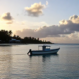 Caribbean Holidays, Barbados Fishing May, A small fishing boat leaving Bridgetown harbour at sunrise, calm Caribbean Sea, Barbados coastline in the background