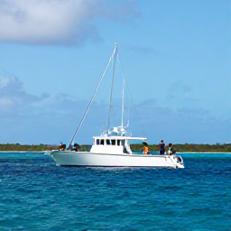 Caribbean Holidays, Barbados Fishing May, Anglers fishing from a modern charter boat off the west coast of Barbados, blue water, bright sky and distant island shoreline
