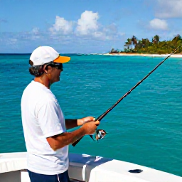 Caribbean Holidays, Barbados Fishing May, Friendly local skipper helping visitors prepare rods and reels aboard a Barbados fishing charter, tropical sea around them