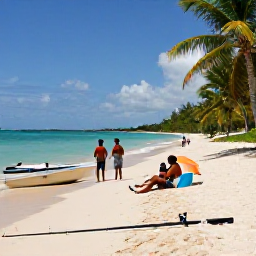 Caribbean Holidays, Barbados Fishing May, Travellers relaxing on a Barbados beach after a fishing trip, fishing rods nearby, turquoise water and palm trees