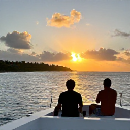 Caribbean Holidays, Barbados Fishing November, Anglers relaxing on a Barbados charter boat at sunset with the coastline glowing in the background