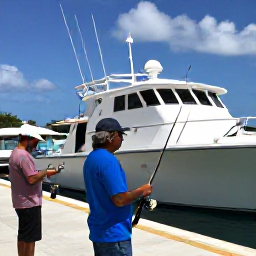 Caribbean Holidays, Barbados Fishing November, Friendly Barbados fishing crew preparing rods and reels on a modern charter boat at the harbour