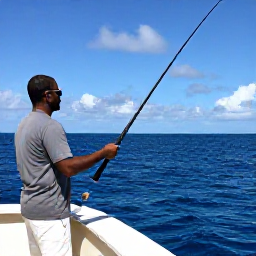 Caribbean Holidays, Barbados Fishing November, Sport fishing charter travelling offshore from Barbados, angler holding a rod beside a deep blue Atlantic sea