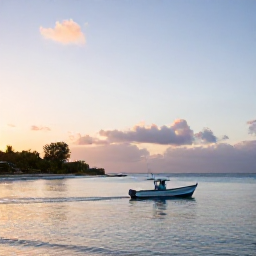 Caribbean Holidays, Barbados Fishing October, A small fishing boat leaving Bridgetown harbour at sunrise, calm Caribbean Sea, Barbados coastline in the background
