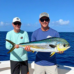 Caribbean Holidays, Barbados Fishing October, Experienced Barbadian fishing crew helping holidaymakers land a colourful mahi-mahi on a boat in bright Caribbean daylight