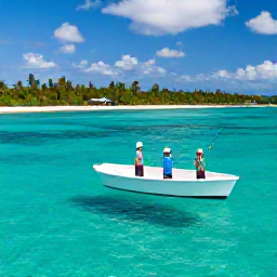 Caribbean Holidays, Barbados Fishing October, Relaxed anglers enjoying a Barbados fishing charter with turquoise sea, green coastline and a sunny Caribbean atmosphere