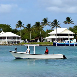 Caribbean Holidays, Barbados Fishing, Relaxed anglers returning to Bridgetown harbour after a fishing charter, with palm trees and Barbados buildings nearby