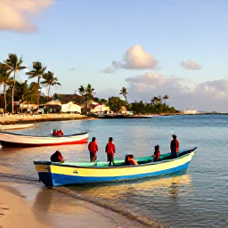 Caribbean Holidays, Barbados Fishing, Relaxed holidaymakers returning to Bridgetown harbour after a fishing trip, colourful boats, palm-lined Barbados waterfront and late afternoon light