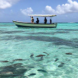 Caribbean Holidays, Barbados Fishing, Visitors fishing from a small boat over clear Barbados reef water, with colourful tropical fish beneath the surface