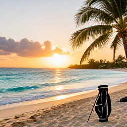 Caribbean Holidays, Barbados Golf Holidays, A Barbados beach at sunset with calm turquoise water, golden sand, palm trees and a golf bag resting nearby
