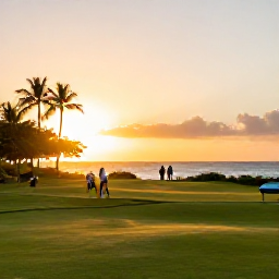 Caribbean Holidays, Barbados Golf Holidays, A Barbados sunset viewed from a coastal golf resort, with golfers relaxing after a round, palm trees and warm golden light