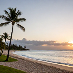 Caribbean Holidays, Barbados Golf Holidays, A calm Barbados beach near a golf resort at sunset, with palm trees, soft sand and the Caribbean Sea