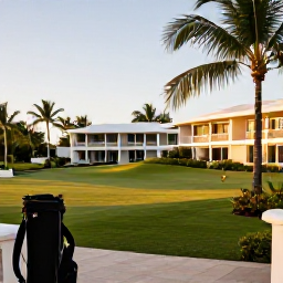 Caribbean Holidays, Barbados Golf Holidays, A comfortable Barbados resort hotel with a golf bag outside, tropical gardens, palm trees and warm evening light