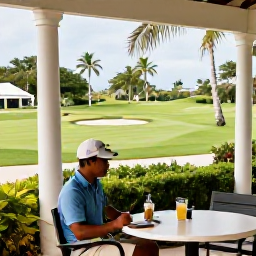 Caribbean Holidays, Barbados Golf Holidays, A golfer enjoying a shaded break beside a Barbados clubhouse, with tropical greenery and refreshments nearby