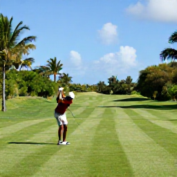 Caribbean Holidays, Barbados Golf Holidays, A golfer preparing to tee off on a beautifully maintained Barbados fairway, with tropical vegetation and blue sky in the background