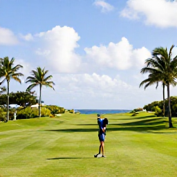 Caribbean Holidays, Barbados Golf Holidays, A golfer teeing off across a green Caribbean golf course in Barbados, with palm trees, bright skies and the sea in the distance
