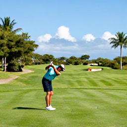 Caribbean Holidays, Barbados Golf Holidays, A golfer teeing off on a lush Barbados golf course in bright March sunshine, with palm trees and blue sky
