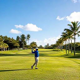 Caribbean Holidays, Barbados Golf Holidays, A golfer teeing off on a lush Barbados golf course in warm May sunshine, with palm trees and blue sky