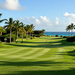 Caribbean Holidays, Barbados Golf Holidays, A panoramic September morning view of a Barbados golf course with palm trees, lush fairways and distant blue Caribbean sea
