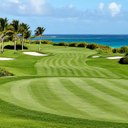 Caribbean Holidays, Barbados Golf Holidays, A panoramic view across a manicured Barbados golf course, showing fairways, palm trees, bunkers and the Caribbean Sea