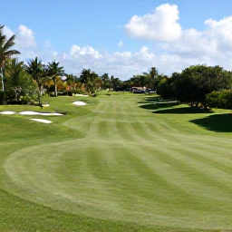 Caribbean Holidays, Barbados Golf Holidays, A panoramic view of Royal Westmoreland golf course in Barbados, showing manicured fairways, tropical planting and rolling terrain under a bright sky