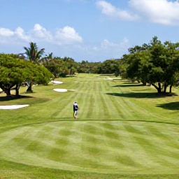 Caribbean Holidays, Barbados Golf Holidays, A panoramic view of Royal Westmoreland golf course in Barbados, showing rolling fairways, mature trees and a golfer approaching the green