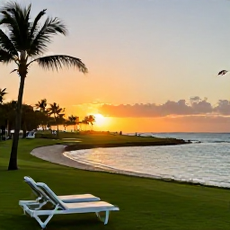 Caribbean Holidays, Barbados Golf Holidays, A peaceful Barbados beach at sunset near a golf resort, with loungers, palm trees and calm Caribbean water
