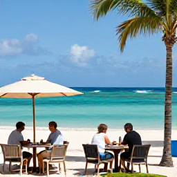 Caribbean Holidays, Barbados Golf Holidays, A relaxed Barbados beach scene after golf, with travellers sitting at a casual seaside restaurant near turquoise water and palm trees