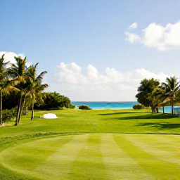Caribbean Holidays, Barbados Golf Holidays, A scenic Barbados golf course beside tropical greenery and blue Caribbean sea in warm July sunshine