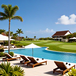 Caribbean Holidays, Barbados Golf Holidays, A stylish Barbados resort with golfers relaxing by a pool after playing golf, tropical gardens and sunshine