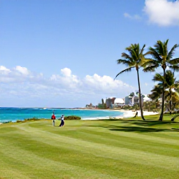 Caribbean Holidays, Barbados Golf Holidays, A sunny Barbados coastline beside a comfortable hotel, with palm-fringed beach, turquoise water and golfers carrying clubs nearby