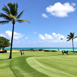 Caribbean Holidays, Barbados Golf Holidays, A sunny Barbados golf course beside swaying palms, with turquoise sea in the distance and golfers enjoying a relaxed round