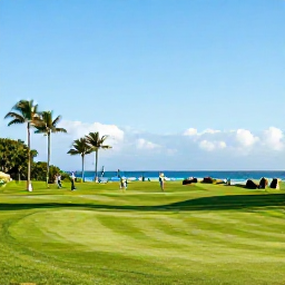 Caribbean Holidays, Barbados Golf Holidays, A sunny Barbados golf course beside the Caribbean Sea, with green fairways, palm trees and golfers enjoying a clear January morning