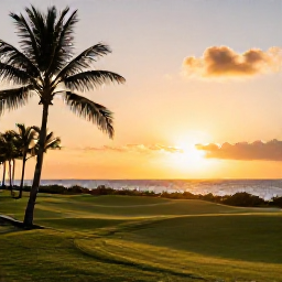 Caribbean Holidays, Barbados Golf Holidays, A sunset view over a Barbados golf course with palm trees, warm light and the Caribbean Sea beyond