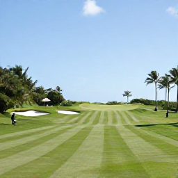Caribbean Holidays, Barbados Golf Holidays, A well-kept championship golf course in Barbados with rolling fairways, palm trees, bunkers and golfers playing under a clear blue sky