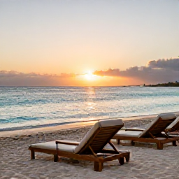 Caribbean Holidays, Barbados Golf Holidays, Barbados beach at sunset with loungers, calm turquoise water and a relaxed evening atmosphere
