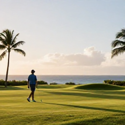 Caribbean Holidays, Barbados Golf Holidays, Early morning golfer walking beside a Barbados golf course with palms, soft sunlight and distant ocean views