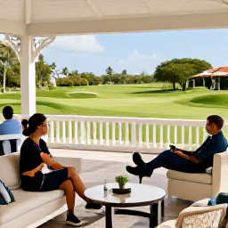 Caribbean Holidays, Barbados Golf Holidays, Elegant Barbados golf resort clubhouse with golfers relaxing on a terrace overlooking green fairways