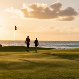 Caribbean Holidays, Barbados Golf Holidays, Golden evening on a Barbados beach with golfers walking beside the sea after a day on the course