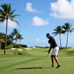 Caribbean Holidays, Barbados Golf Holidays, Golfer preparing to tee off on a lush Barbados fairway with palm trees and bright tropical skies