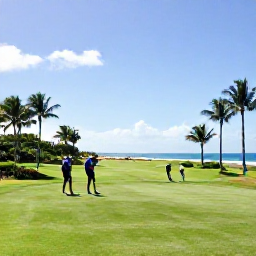 Caribbean Holidays, Barbados Golf Holidays, Golfers enjoying a relaxed round on a tropical Barbados course, with palm trees, bright sunshine and a distant ocean view