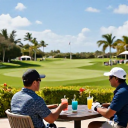 Caribbean Holidays, Barbados Golf Holidays, Golfers relaxing at a Barbados clubhouse terrace after a round, with cool drinks, tropical gardens and a peaceful island atmosphere