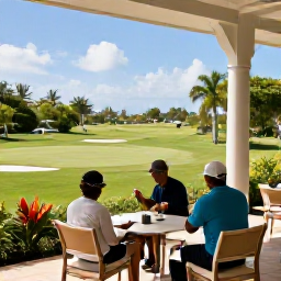 Caribbean Holidays, Barbados Golf Holidays, Golfers relaxing on a shaded terrace after a round, overlooking a Barbados course with tropical planting and blue sky