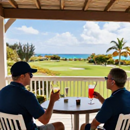 Caribbean Holidays, Barbados Golf Holidays, Golfers relaxing with drinks on a shaded terrace overlooking a Barbados golf course and tropical landscape
