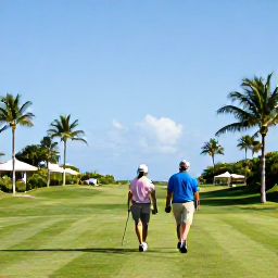 Caribbean Holidays, Barbados Golf Holidays, Happy golfers walking from a Barbados clubhouse towards palm-fringed fairways under a clear blue sky