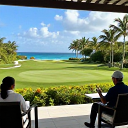 Caribbean Holidays, Barbados Golf Holidays, Relaxed golfer enjoying a Barbados clubhouse terrace after a round, with tropical landscape and sea views