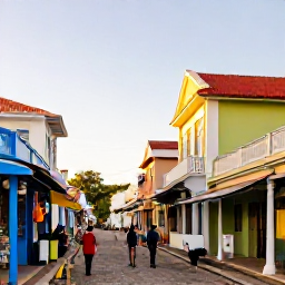 Caribbean Holidays, Barbados Holidays, A colourful Bridgetown street with historic buildings, local shops and people exploring in warm afternoon light