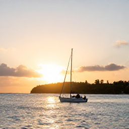 Caribbean Holidays, Barbados Holidays, A couple sailing on calm blue water off the coast of Barbados at sunset, with the island visible in the background