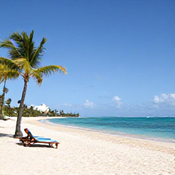 Caribbean Holidays, Barbados Holidays, A wide sandy beach in Barbados with calm turquoise water, palm trees and a couple of sun loungers under bright Caribbean sunshine